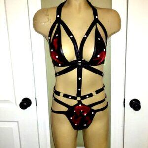 OOAK sexy studded red/black harness exotic dancer 2 piece stripper costume